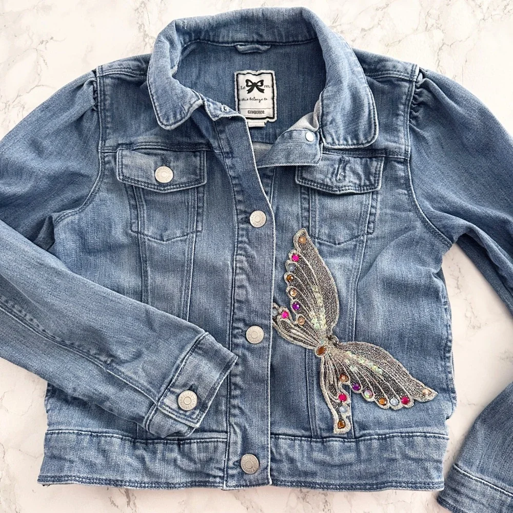 Gymboree Sequin Butterdly Cotton Long Sleeve Blue Denim Jacket Kids Size Large